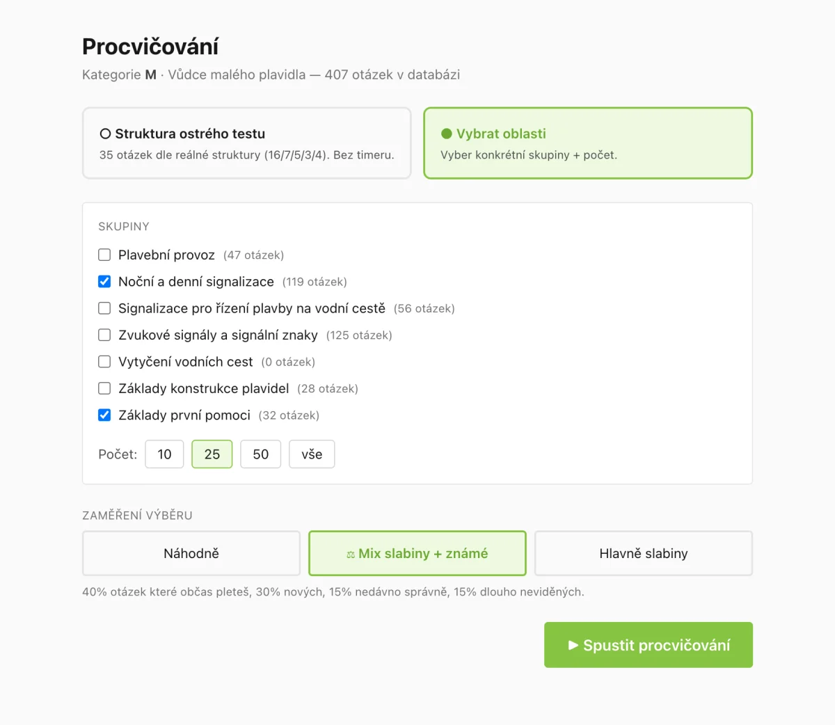 Obrazovka procvičování s vybranými oblastmi Noční a denní signalizace a Základy první pomoci